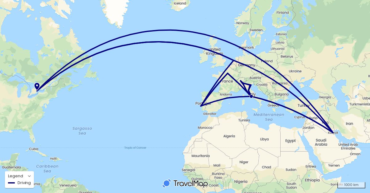 TravelMap itinerary: driving in Canada, Switzerland, Spain, France, Italy, Kuwait, Netherlands, Portugal, Vatican City (Asia, Europe, North America)
